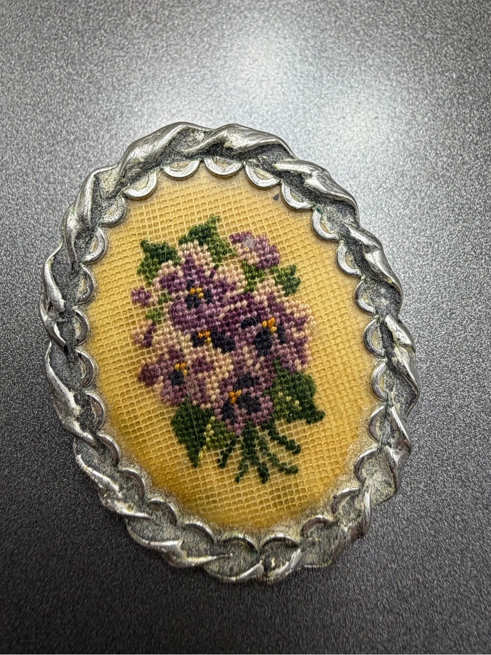 Vintage Floral Needlepoint Brooch Pansies #cz425
